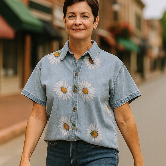 Lemon Grass Women’s Medium Vintage Denim Cottagecore Daisy Print Blouse - Picture 1 of 7